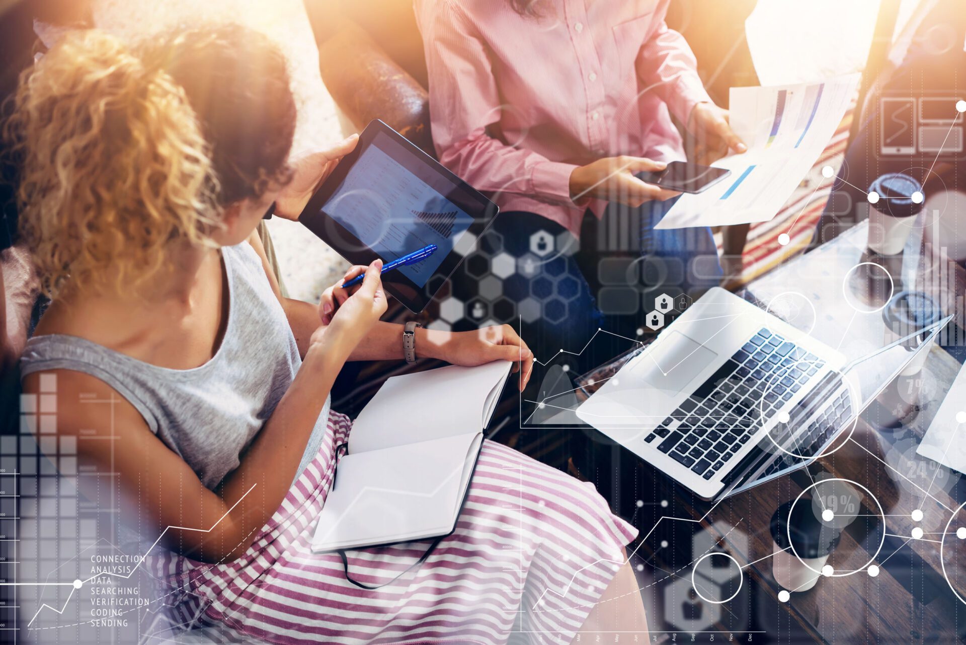Global Connection Virtual Icon Graph Interface Markets Research.Coworkers Team Brainstorming Meeting Online Business Electronic Gadget.Businessman Startup Digital Project.Crops Blurred Background. Digital Ads Creation
